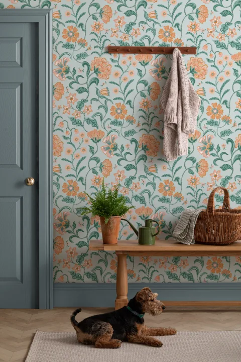 Teal Indian Style Floral Wallpaper