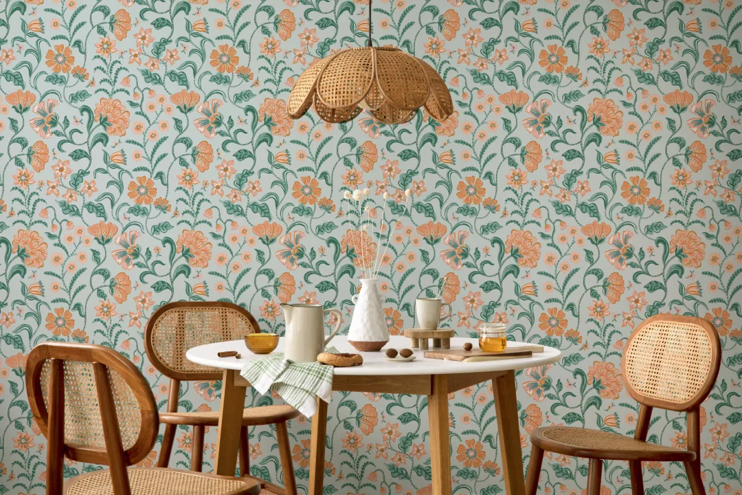 Teal Indian Style Floral Wallpaper