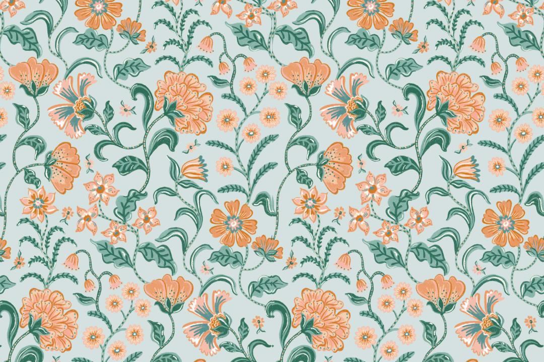 Teal Indian Style Floral Wallpaper