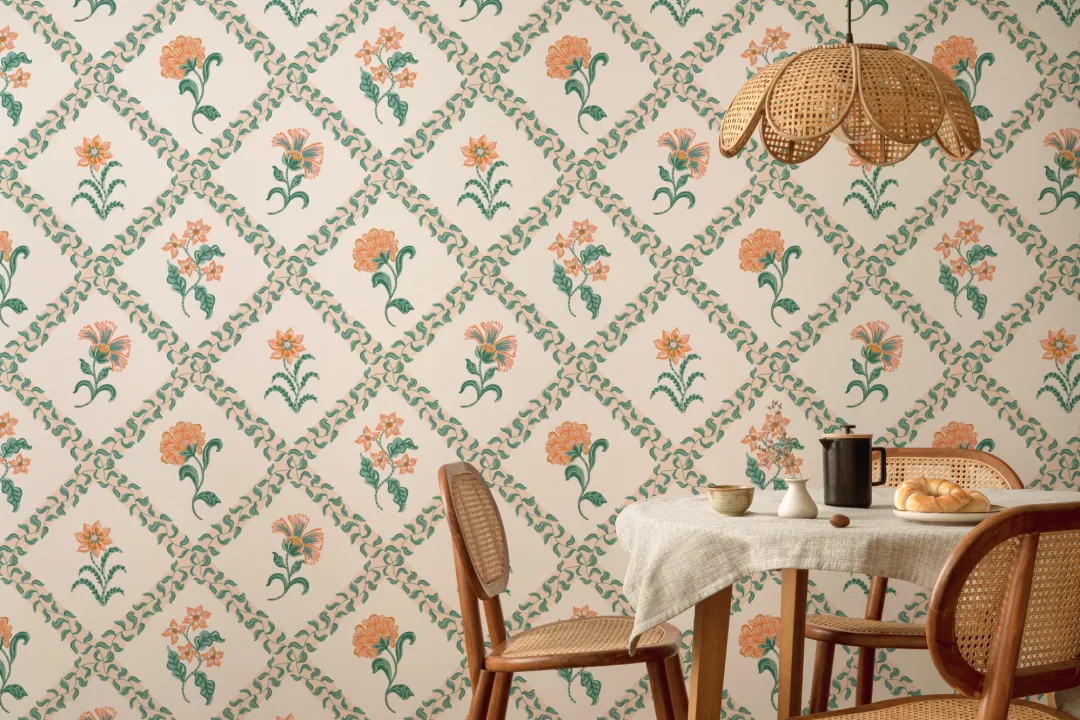 Classic Block Print Botanical Trellis Mural