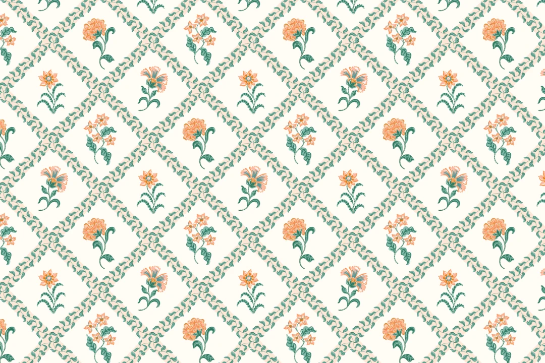 Classic Block Print Botanical Trellis Mural