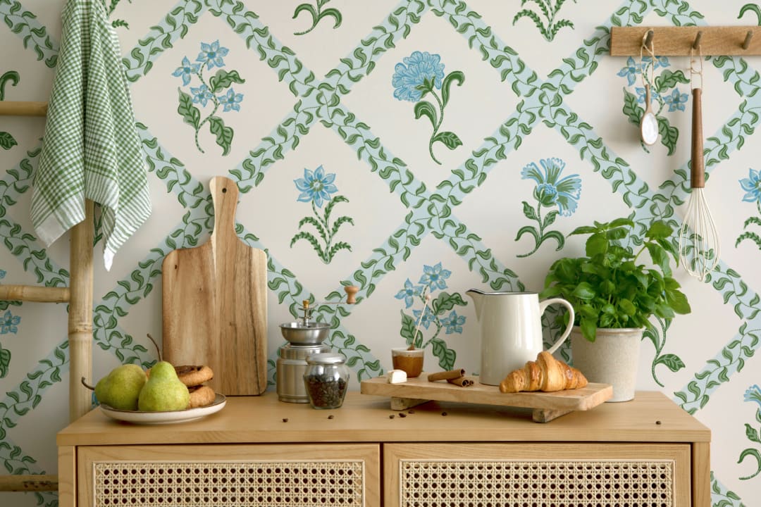 Blue Block Print Botanical Trellis Mural