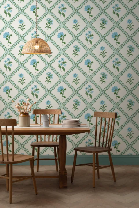Blue Block Print Botanisk Trellis veggmaleri
