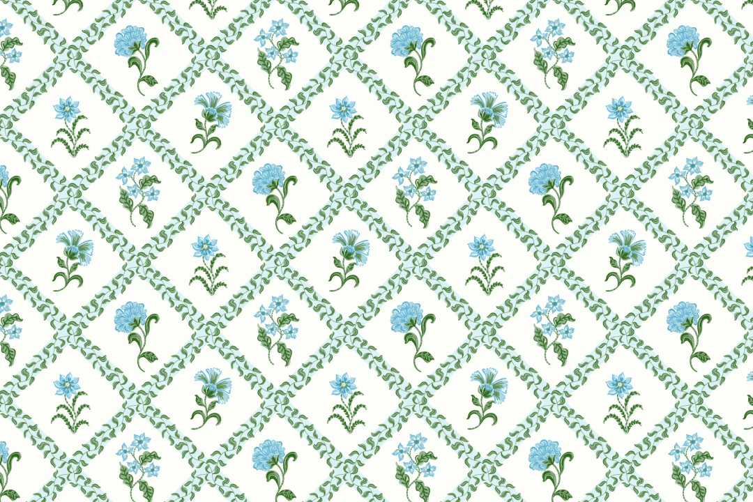 Blue Block Print Botanical Trellis Mural
