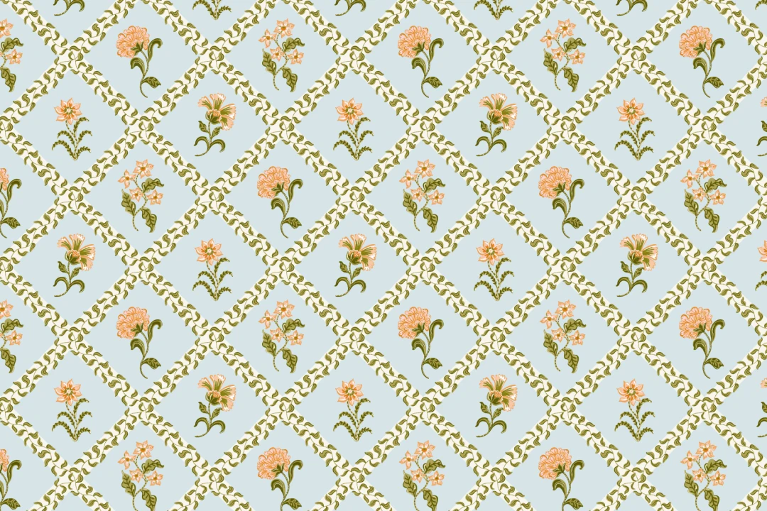 Light Blue Block Print Botanical Trellis Mural