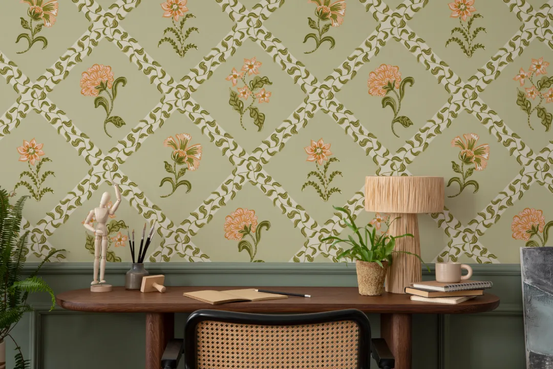 Green Block Print Botanical Trellis Mural
