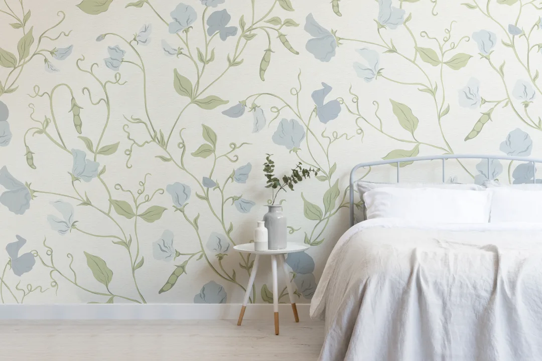 Blue Sweet Pea Floral & Vines Enchanting Mural