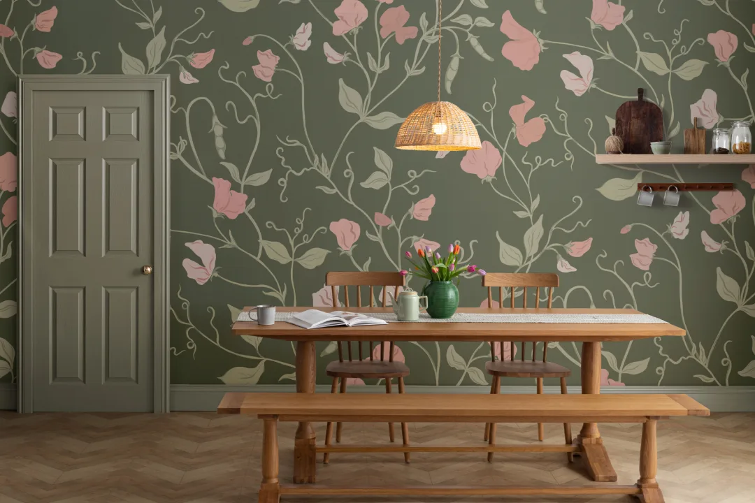 Papier peint floral et vignes rose foncé Sweet Pea