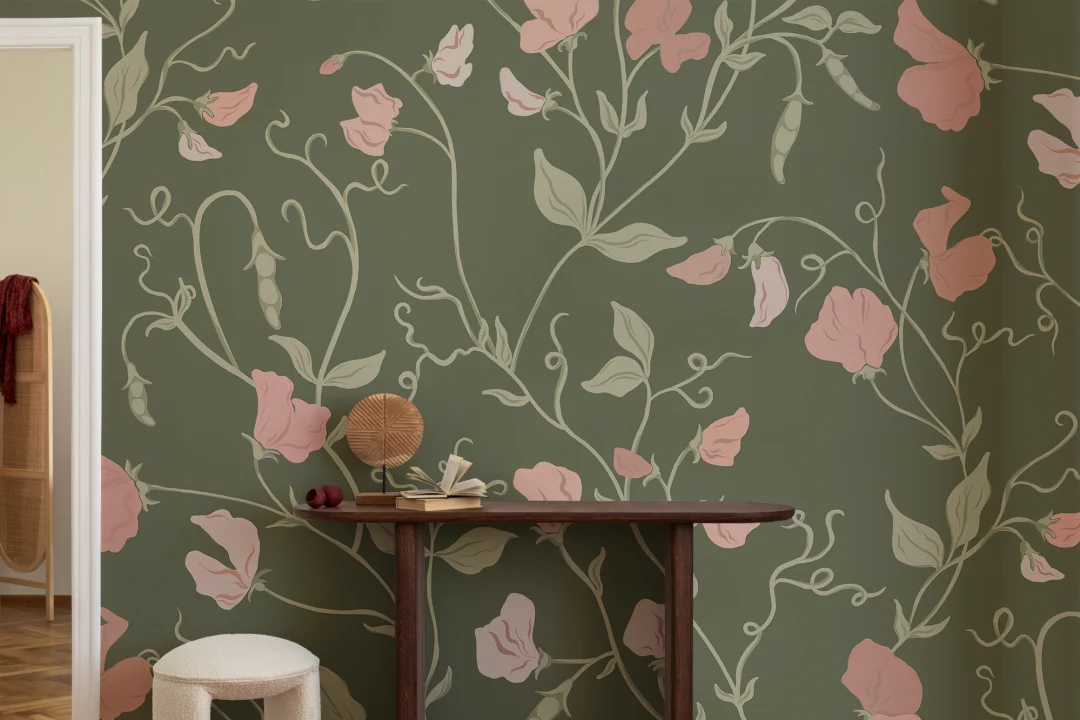 Dark Pink Sweet Pea Floral & Vines Mural