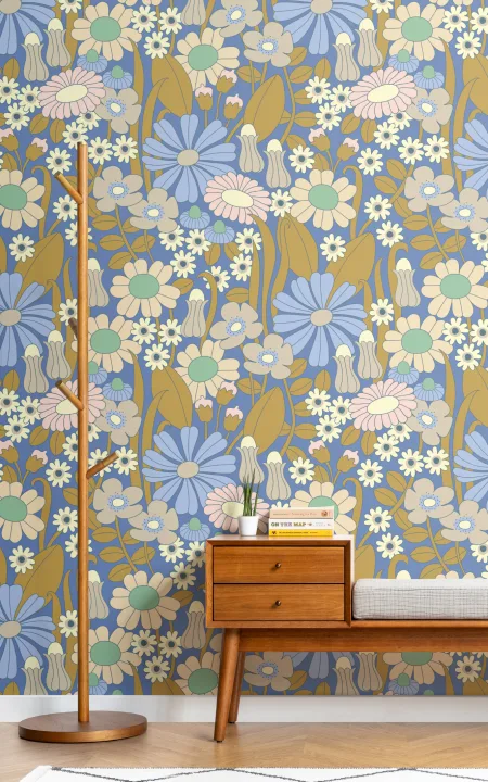 Carta da parati blu di Elizabeth Olwen Groovy Meadow
