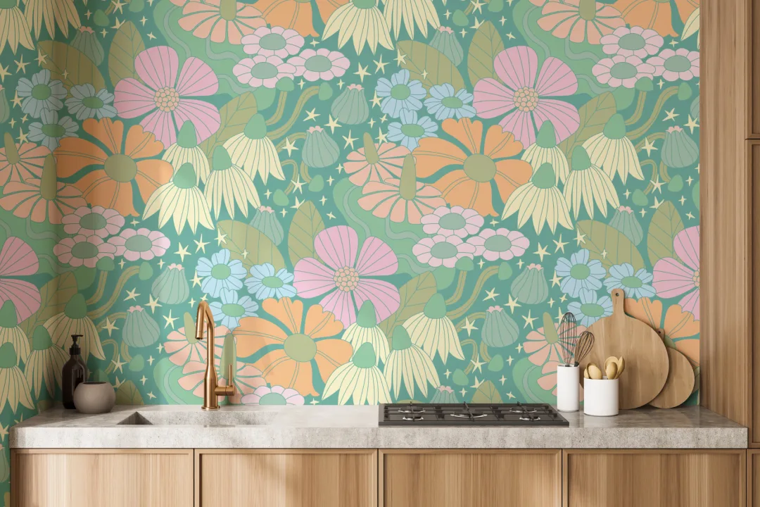 Elizabeth Olwen Cosmic Floral Green Mural