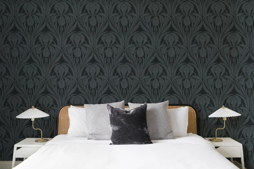 Navy Art Deco Wood Block Iris Mural