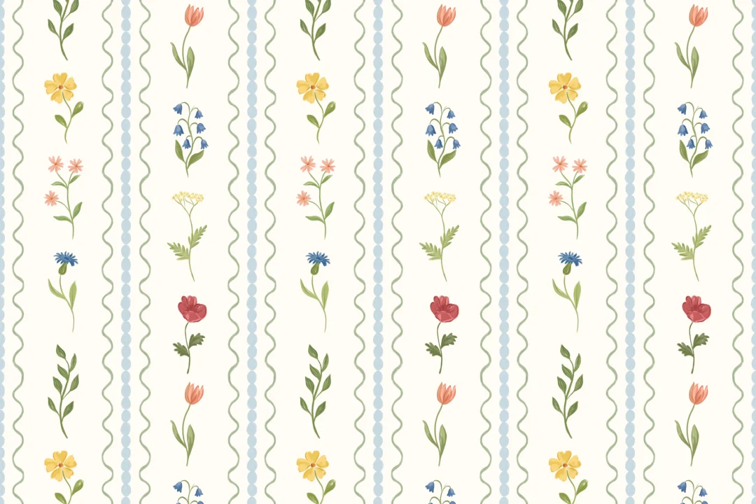 Mural de flores silvestres con rayas de bolillos azules