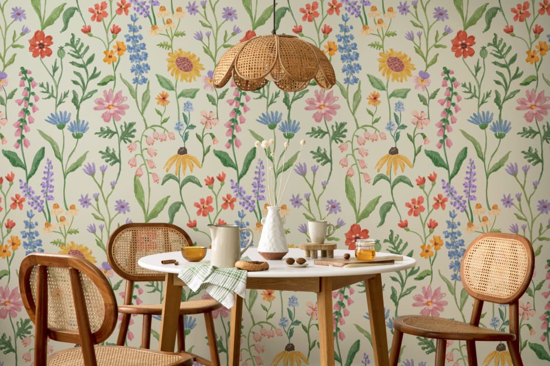 Grønne håndtegnede villblomster fototapet
