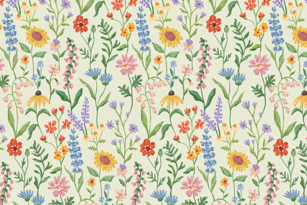 Green Hand Drawn Wildflowers Mural