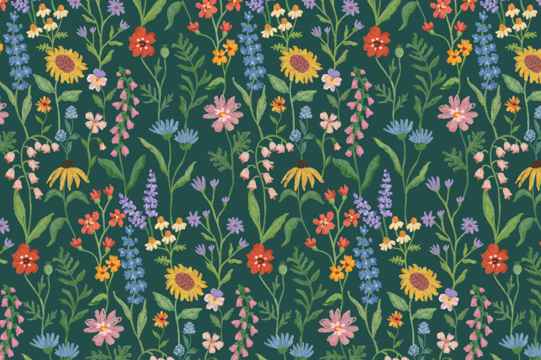 Dark Green Hand Drawn Wildflowers Mural