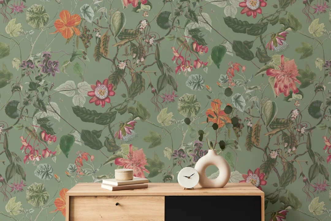 Lush Botanical Floral Wall Mural in Verdant Green