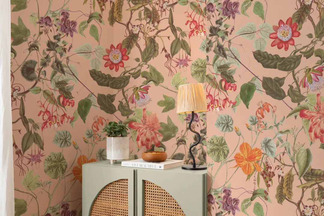 Vintage Botanical Floral Wall Mural in Soft Blush Pink