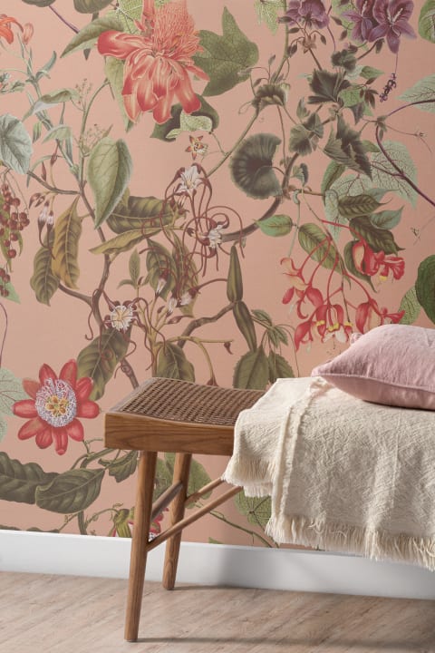 Carta da parati floreale botanica vintage in rosa tenue