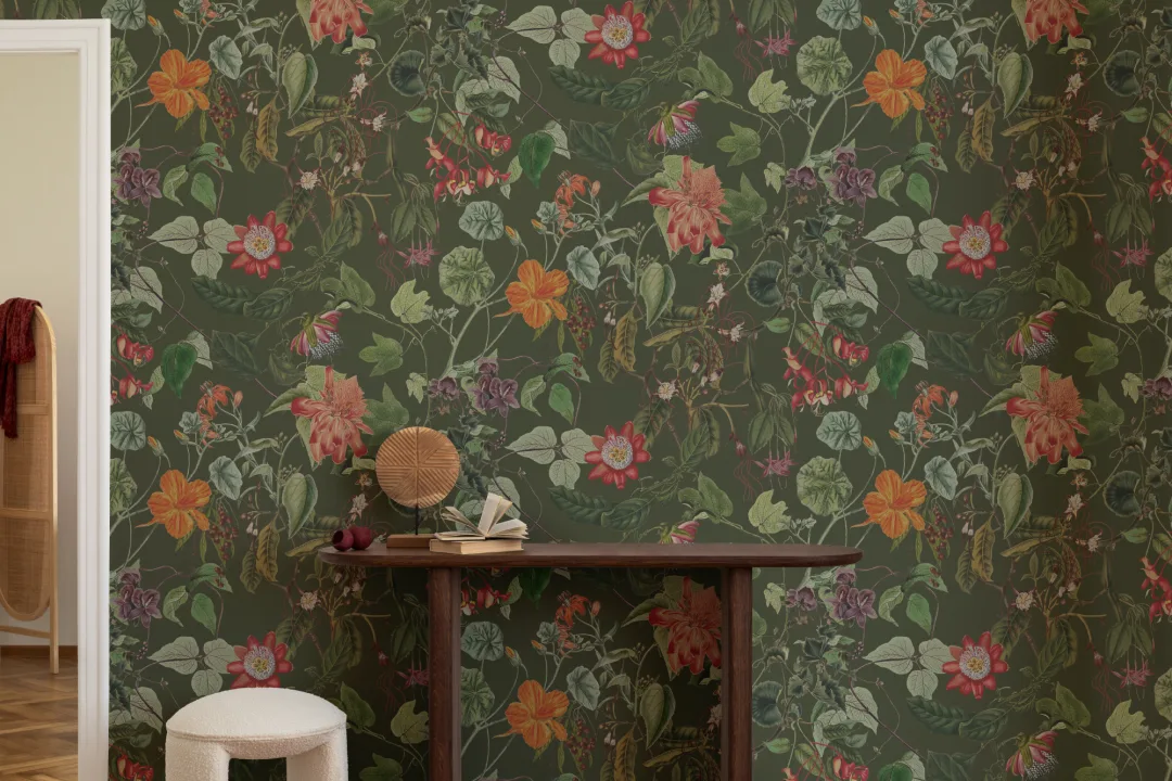 Papier peint panoramique floral en vert forêt