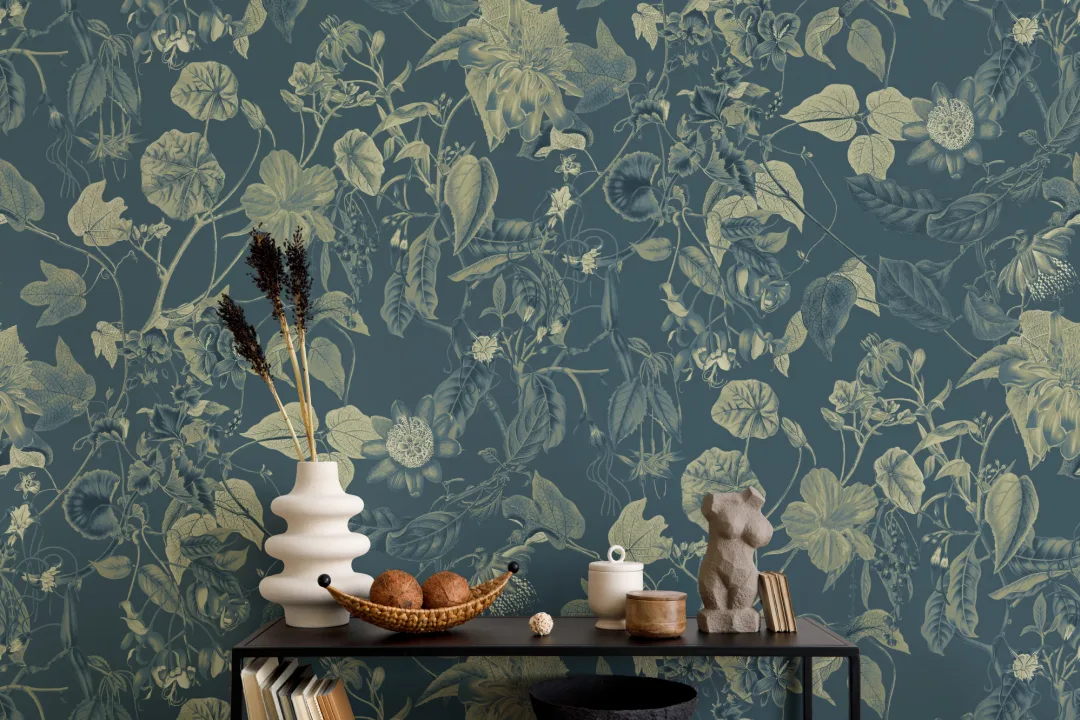Papier peint panoramique floral botanique ton sur ton en bleu