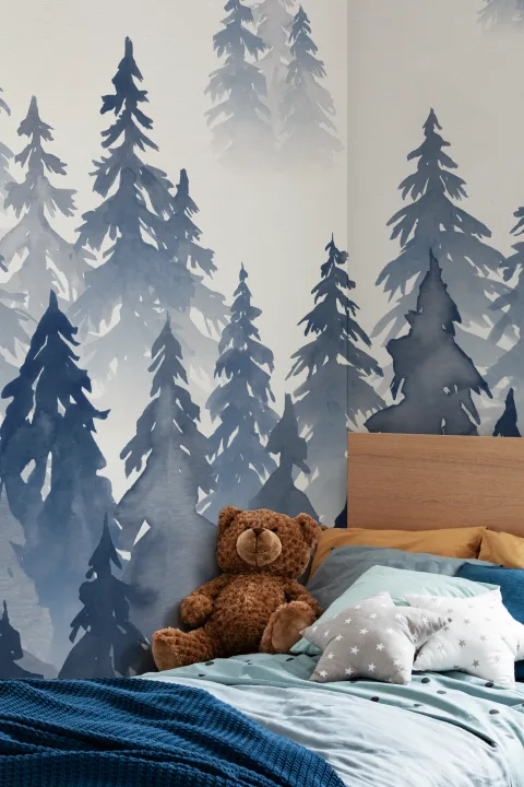 Blue Watercolor Forest Tree Silhouette Wallpaper Mural