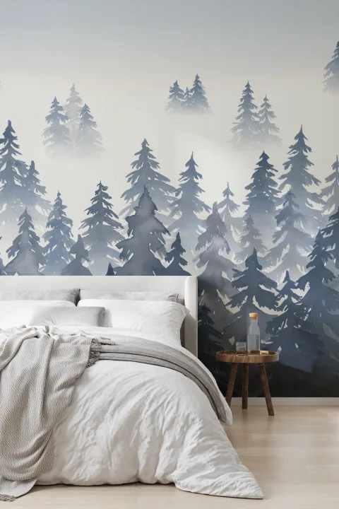 Albastru acuarelă pădure copac siluetă Wallpaper Mural