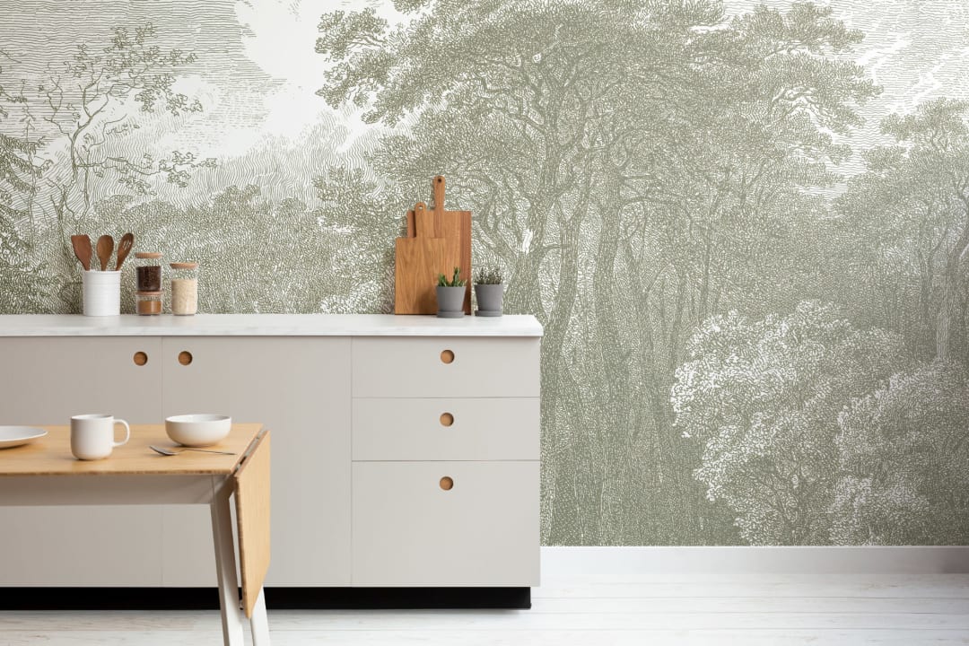 Green Tree Forest Etching Wallpaper Mural