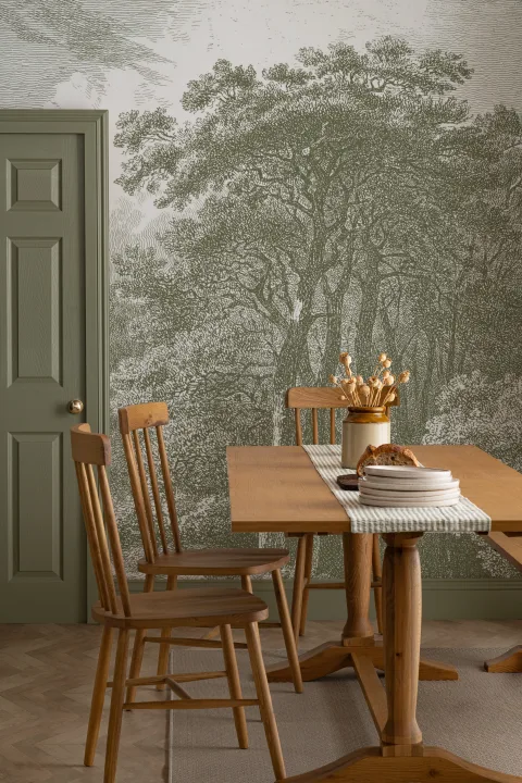 Green Tree Forest Etching Wallpaper Mural