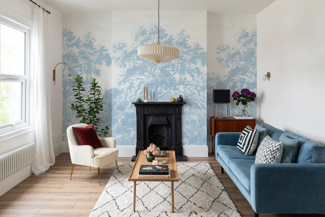 Blue Forest Illustration Etching Wallpaper Mural