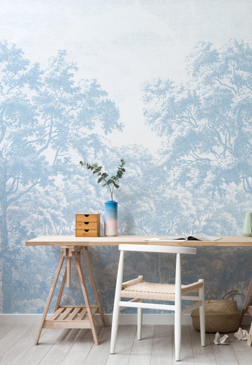 Blue Forest Illustration Etching Wallpaper Mural