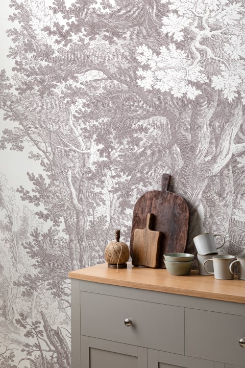 Mural de papel de parede com gravura de floresta cinzenta minimalista