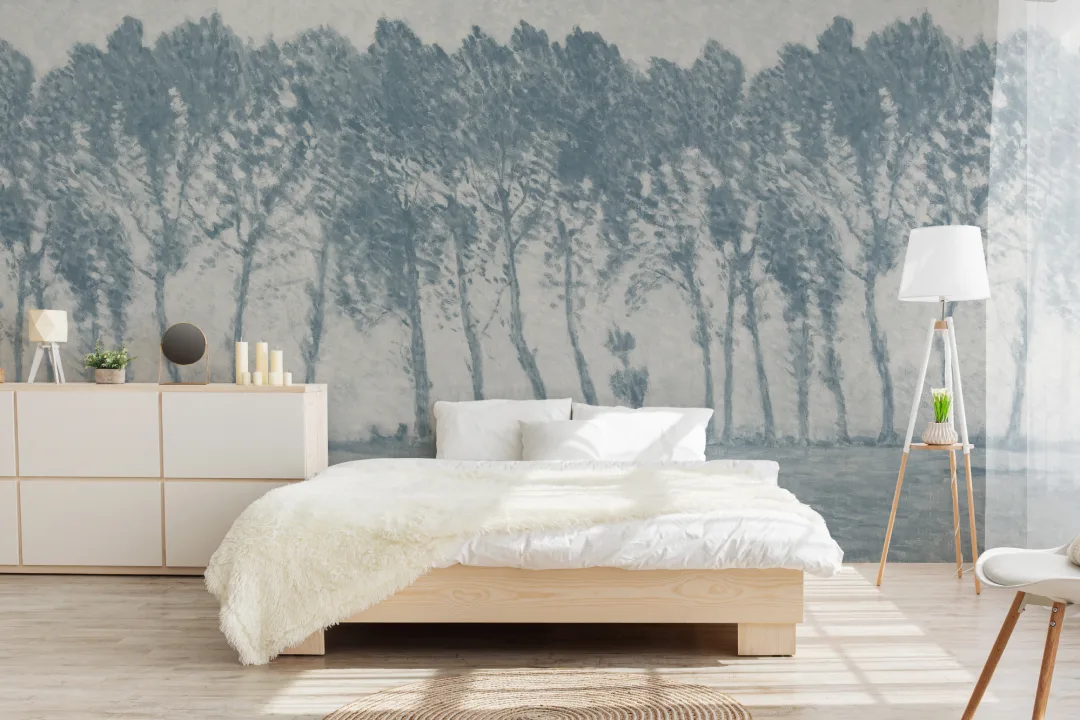 Vintage Rainy Forest Wall Mural in Atmospheric Blues