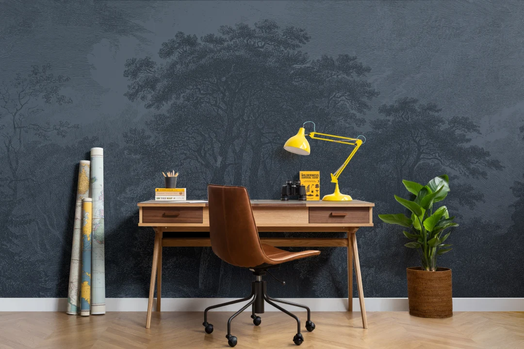 Vintage Forest Etching Wall Mural in Deep Navy Blue