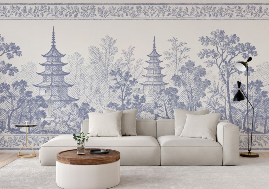 Blått japansk landskap Serenity Pagoda Design fototapet