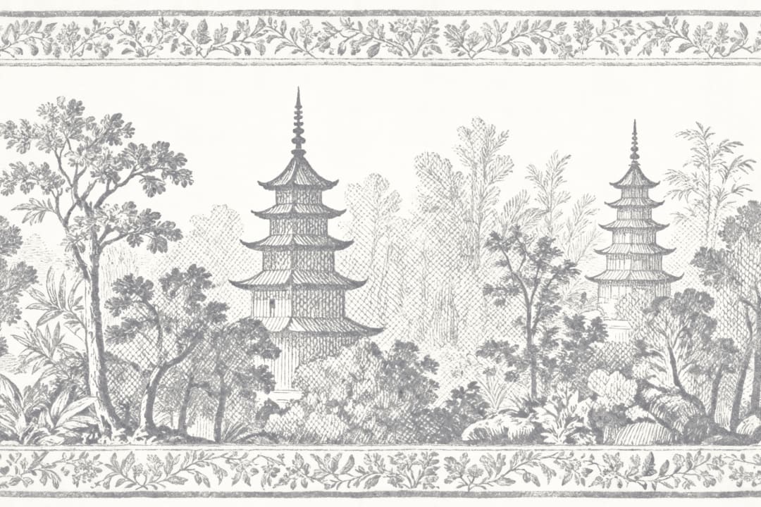 Grey Oriental Pagoda Scene Nature Mural Wallpaper Mural
