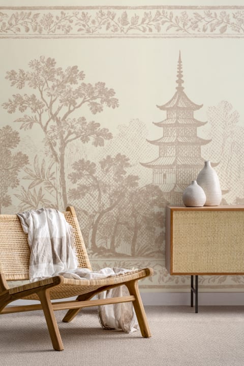 Neutral Oriental Pagoda Landscape Serenity Wall Mural