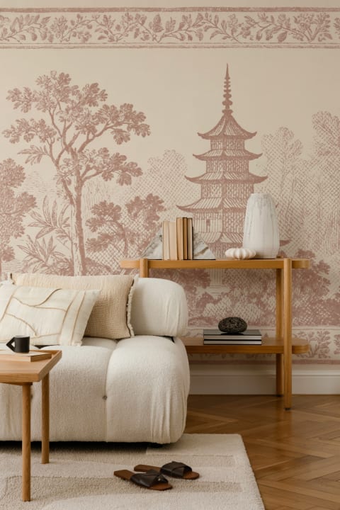 Warm Oriental Pagoda Landscape Vintage Style Mural