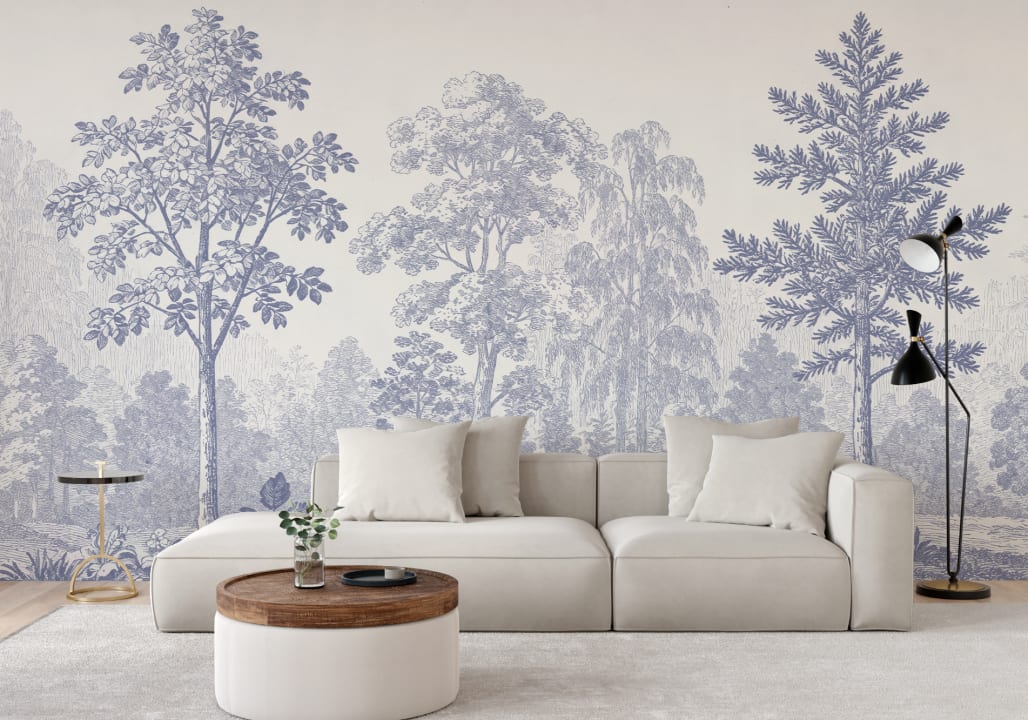 Blue Vintage Forest Nature Mural For Serene Spaces