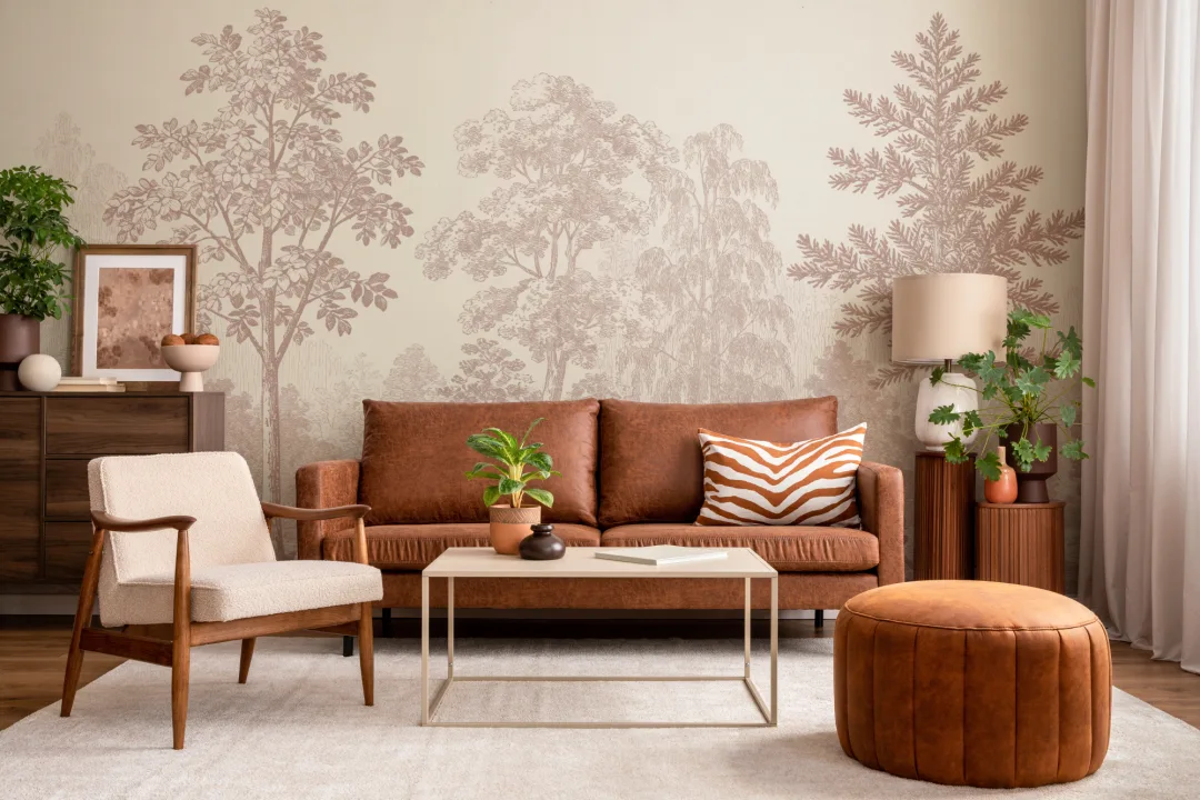 Warm Sepia Botanical Woodland Scene Wall Mural