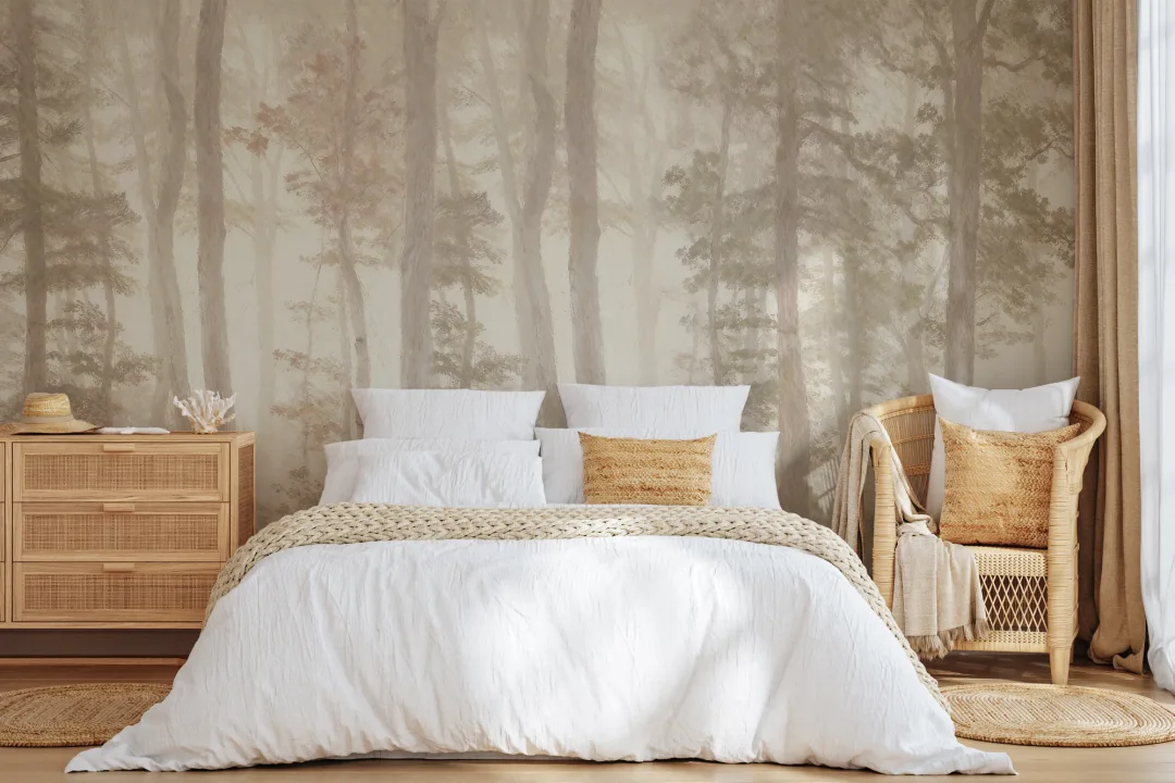Neutral Forest Serenity Nature Mural With Soft Tones