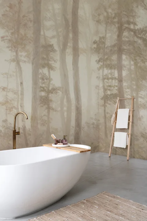 Mural de papel pintado con tonos suaves y serenidad del bosque neutro