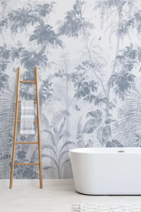 Blauw Sanctuary tropische junglemuurschildering voor serene ontsnappingen