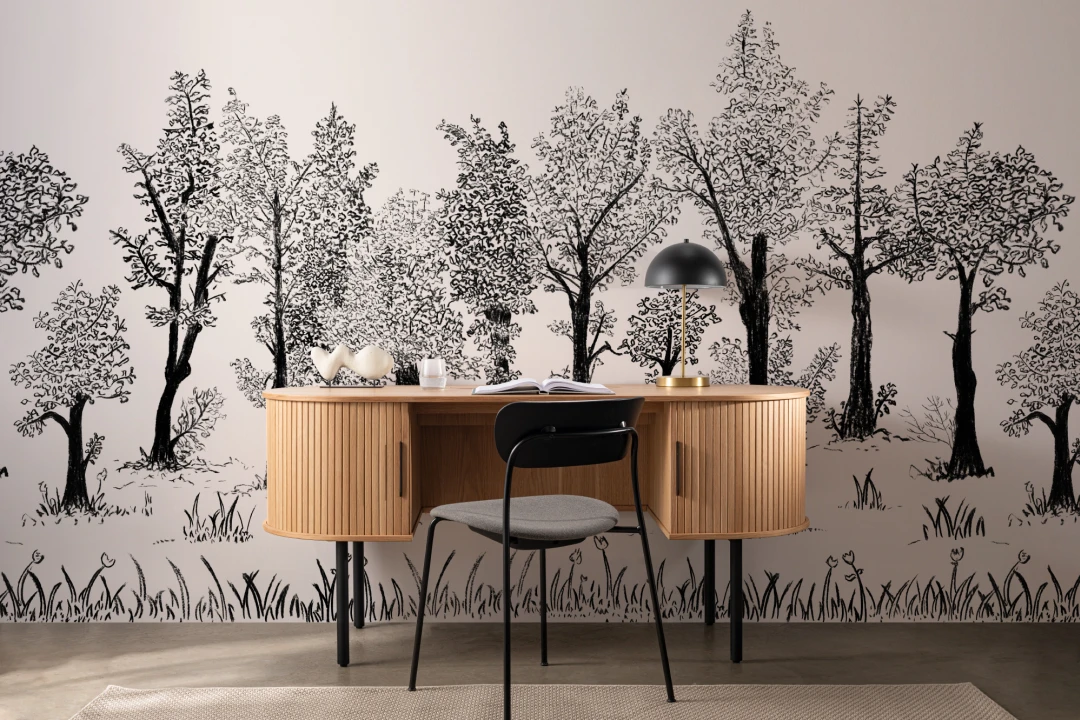 Black Illustrated Traditional European Forest Mural