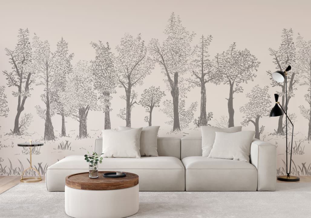 Gray Illustrated Traditional European Forest Mural