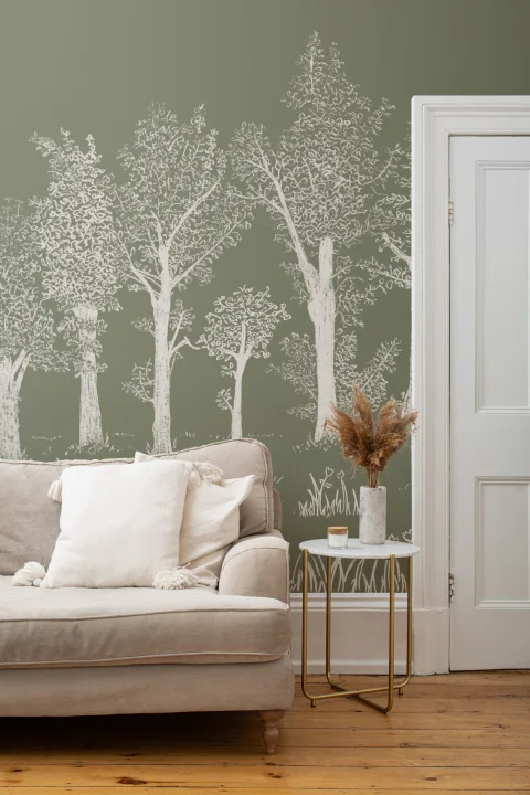 Green Illustrated Traditional European Forest Mural