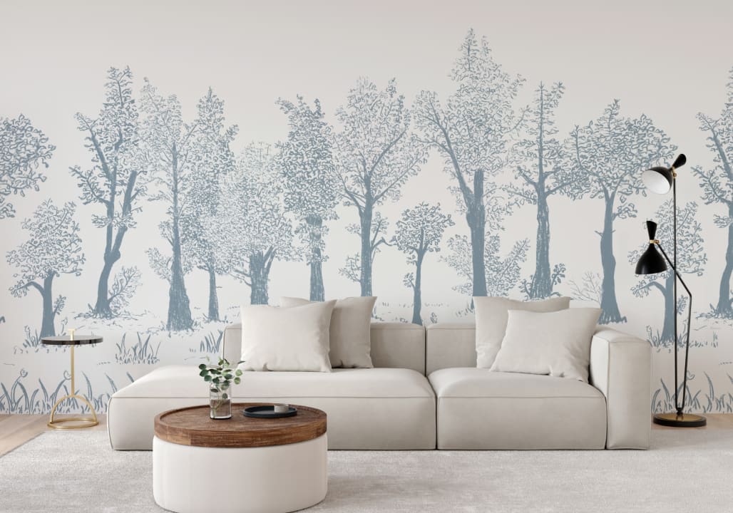 Blue Illustrated Traditional European Forest Mural