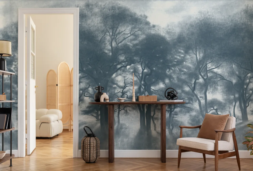 Murales de Papel Pintado Azul bosque brumoso Pintura al óleo