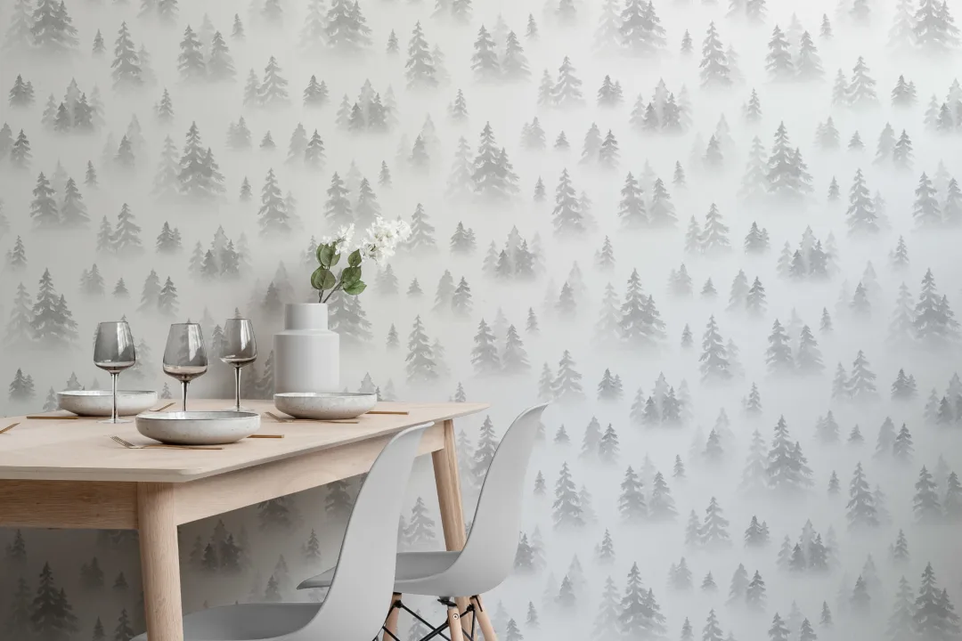 Mural Papel Pintado con Abedules Grises en Acuarela
