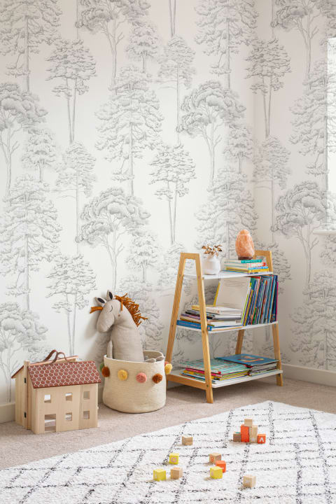 Gray Illustrated Trees Repeat Pattern Wallpaper